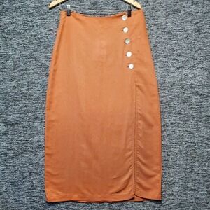DELUC Draco Buttoned Midi Skirt Women M Orange Linen Blend Boho Chic Coastal NWT